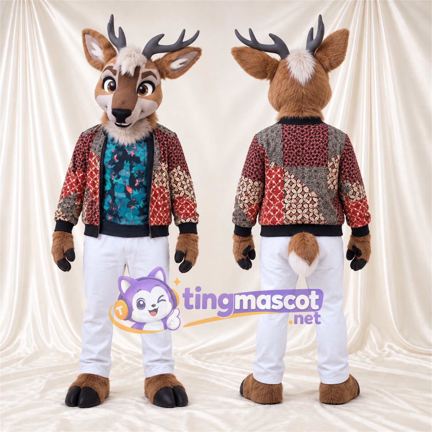 Costume de mascotte Cerf – marron – Veste; Pantalon (blanc) Costume de mascotte Cerf – marron – Veste; Pantalon (blanc)