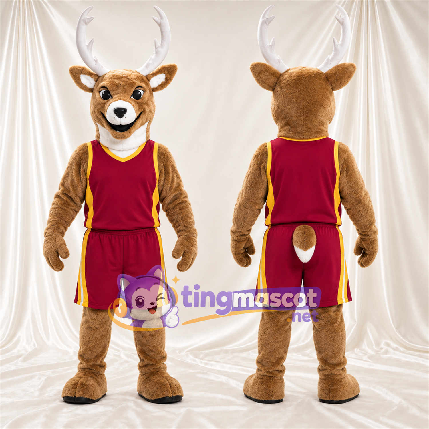 Maskottchenkostüm Hirsch – braun – Basketballtrikot (rot) Maskottchenkostüm Hirsch – braun – Basketballtrikot (rot)