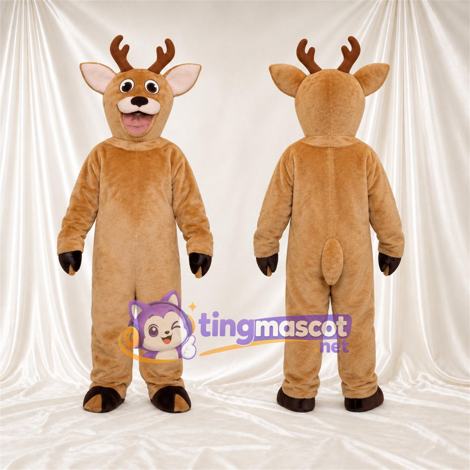 Brown Deer Mascot Costume - Short Antlers and Toothy Grin Brown Deer Mascot Costume - Short Antlers and Toothy Grin