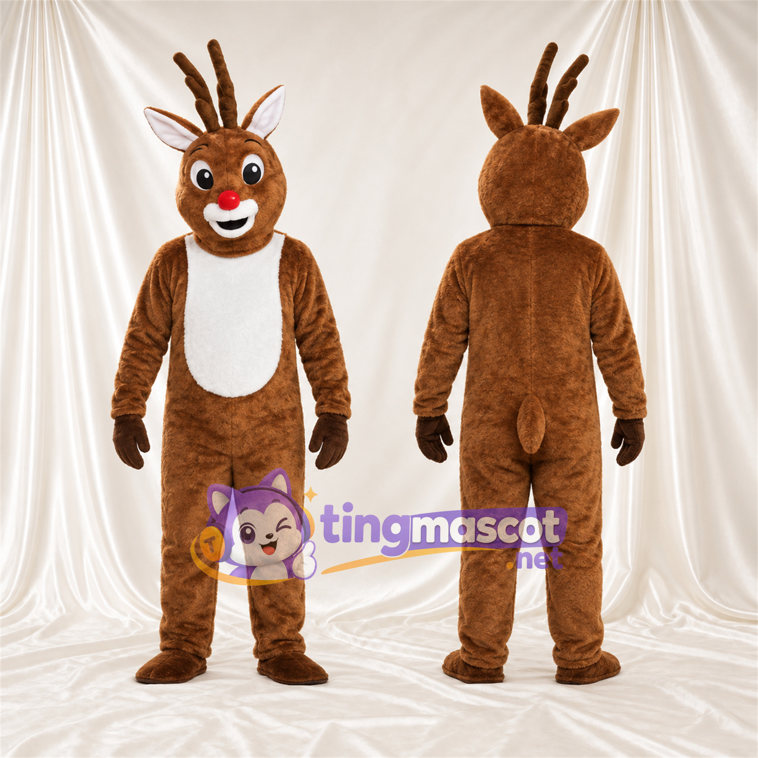Costume de mascotte Cerf – marron – Torse (blanc); Nez (rouge) Costume de mascotte Cerf – marron – Torse (blanc); Nez (rouge)