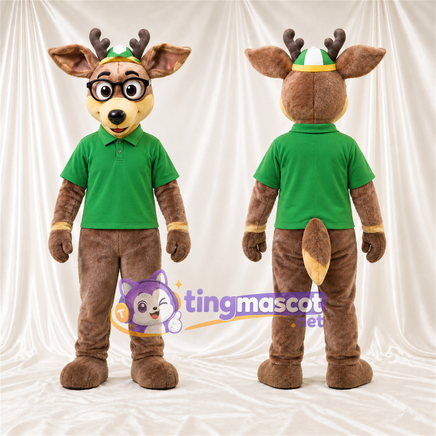 Maskottchenkostüm Hirsch – braun – Poloshirt (grün); Brille Maskottchenkostüm Hirsch – braun – Poloshirt (grün); Brille