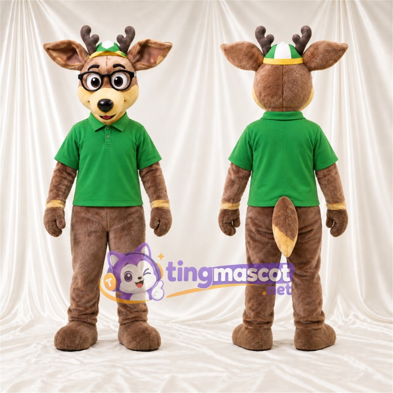 Maskottchenkostüm Hirsch – braun – Poloshirt (grün); Brille