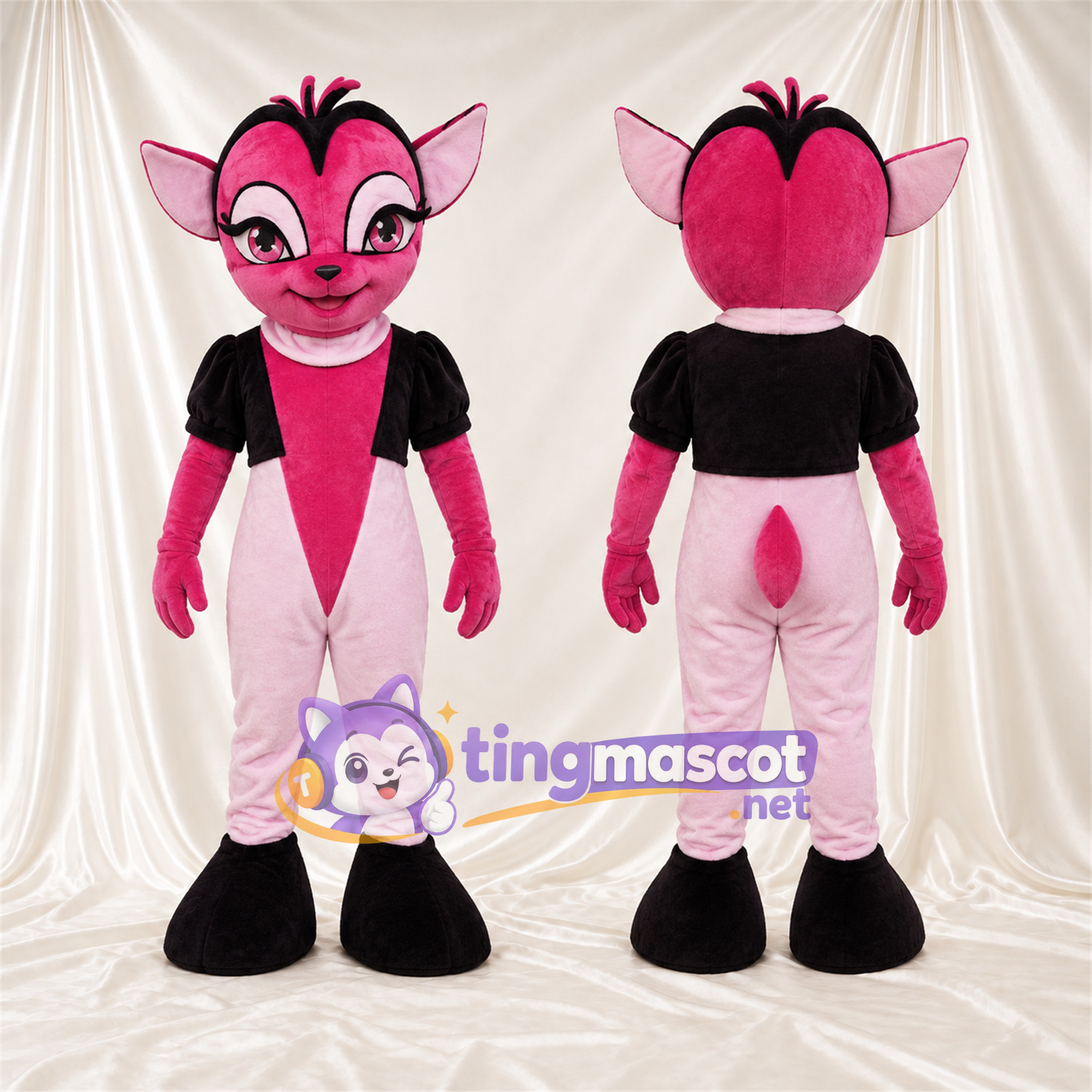 Maskottchenkostüm Fledermaus – rosa – Jacke (schwarz); Hose (weiß) Maskottchenkostüm Fledermaus – rosa – Jacke (schwarz); Hose (weiß)