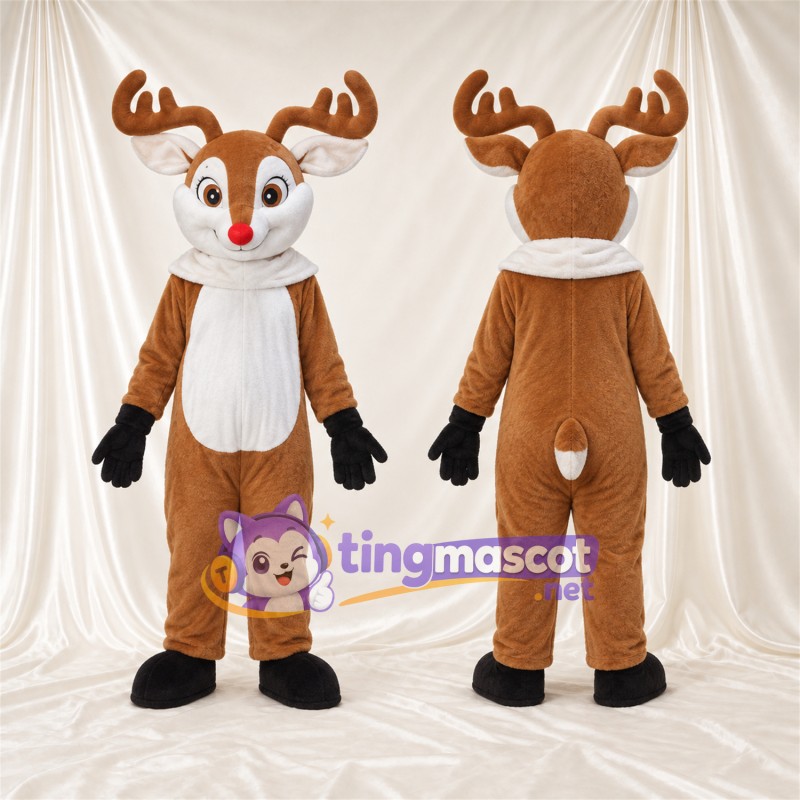 Costume de mascotte Cerf – marron – Nez (rouge); Écharpe (blanc)