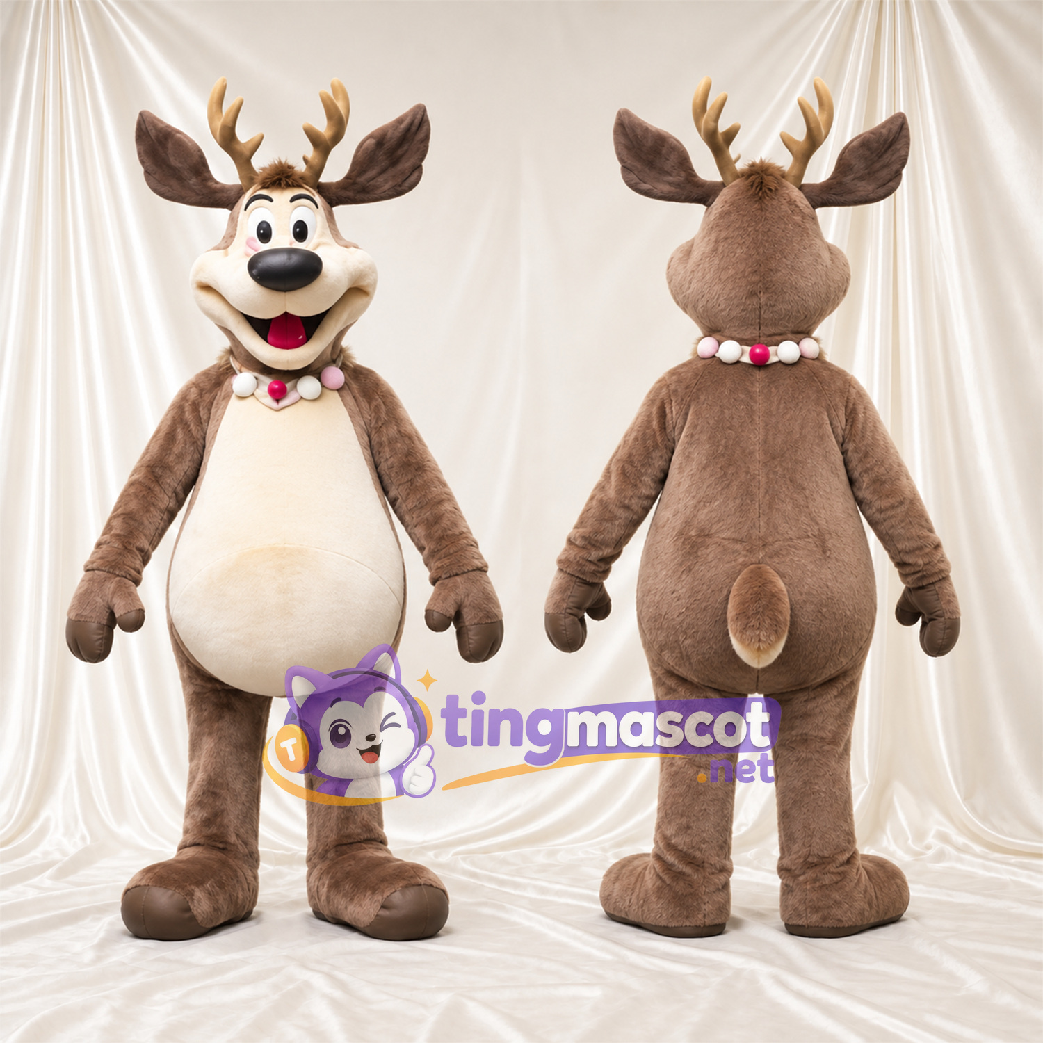 Brown Reindeer Mascot Costume - Bell Collar, Cream Belly and Round Belly Brown Reindeer Mascot Costume - Bell Collar, Cream Belly and Round Belly