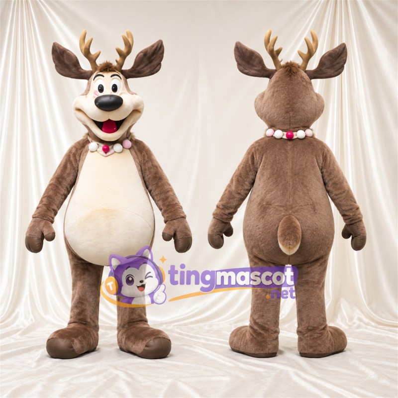 Brown Reindeer Mascot Costume - Bell Collar, Cream Belly and Round Belly