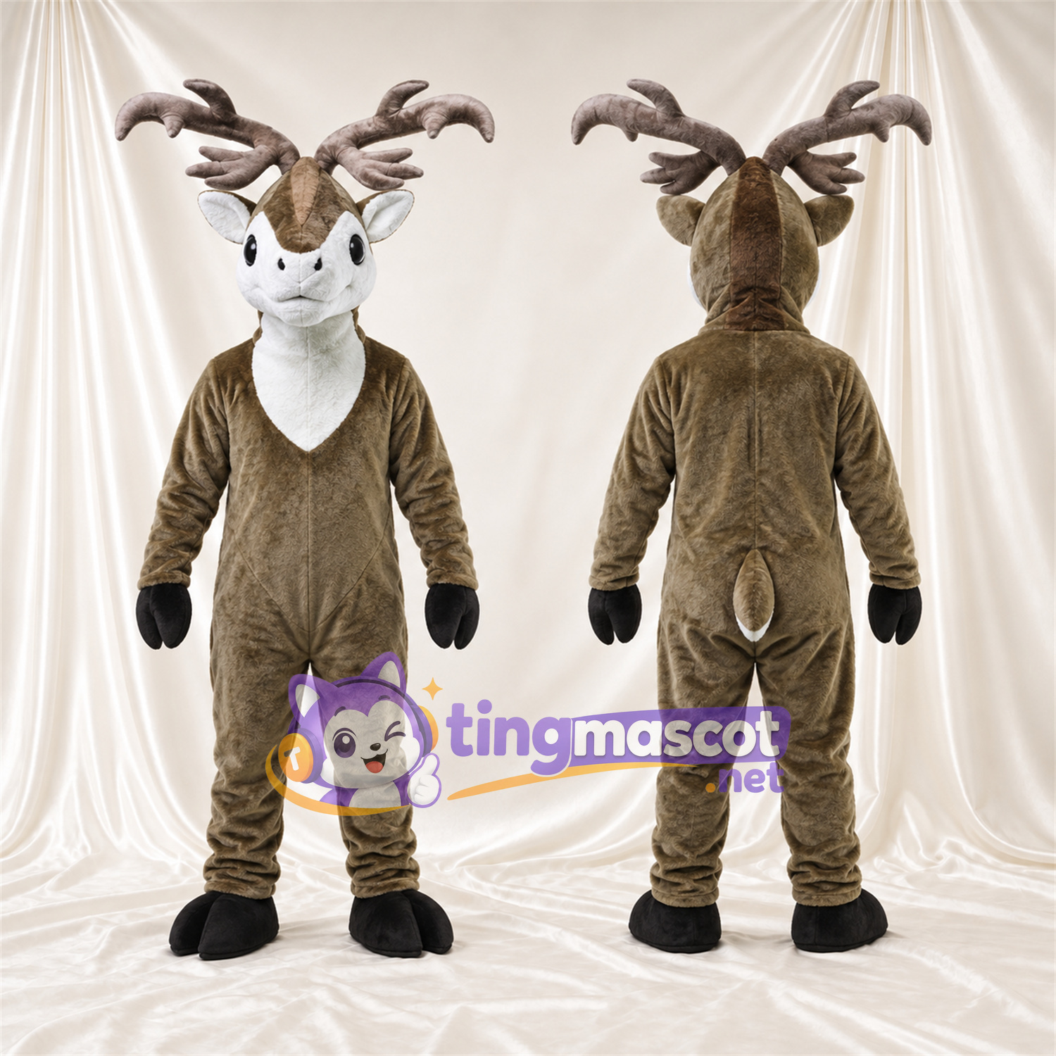 Brown Deer Mascot Costume - Gray Antlers and White Face Brown Deer Mascot Costume - Gray Antlers and White Face