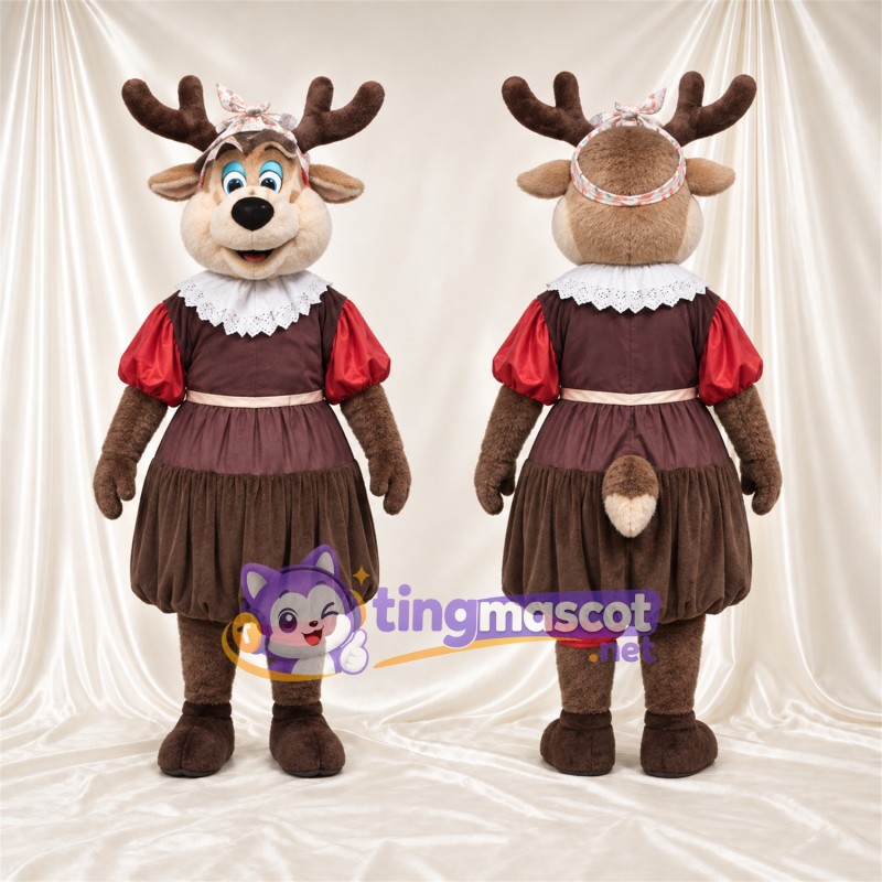 Brown Reindeer Mascot Costume - Burgundy Dress and Crown