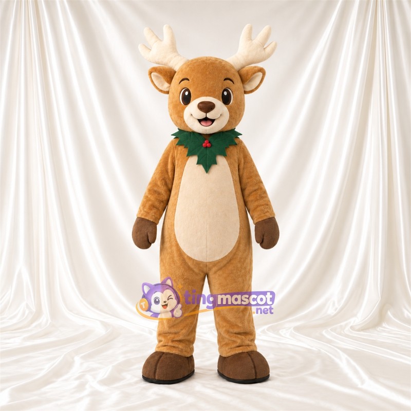Costume de mascotte Renne – brun clair – Collier de houx (vert)