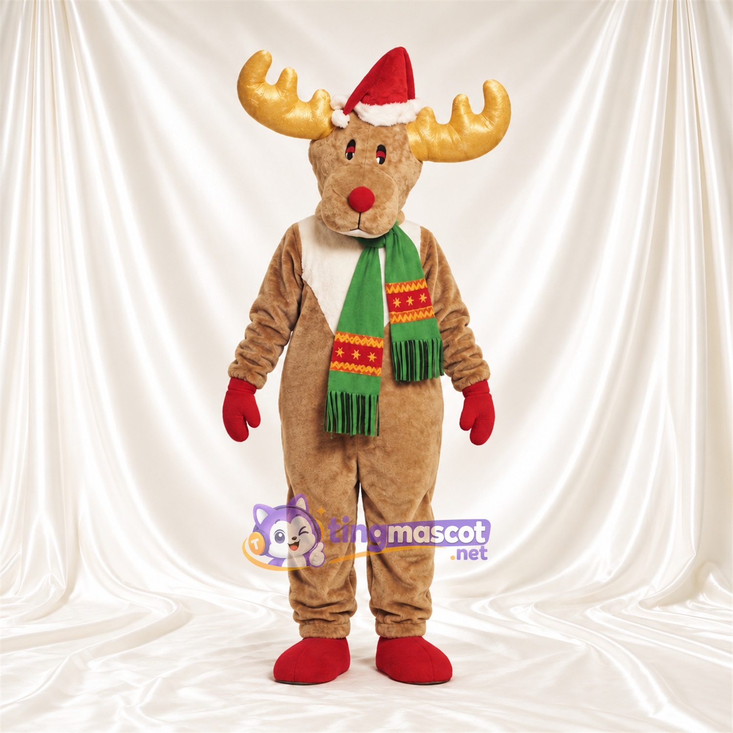 Costume de mascotte Renne – brun clair – Bonnet de Noël; Écharpe (vert) Costume de mascotte Renne – brun clair – Bonnet de Noël; Écharpe (vert)