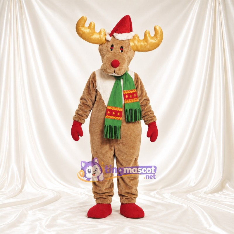 Costume de mascotte Renne – brun clair – Bonnet de Noël; Écharpe (vert)