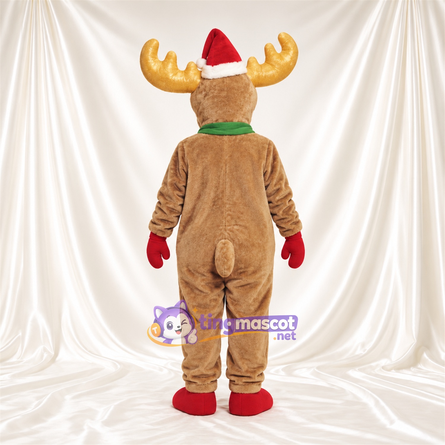 Costume de mascotte Renne – brun clair – Bonnet de Noël; Écharpe (vert) Costume de mascotte Renne – brun clair – Bonnet de Noël; Écharpe (vert)