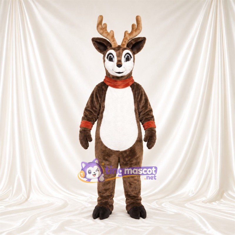 Brown Reindeer Mascot Costume - Cream Antlers and Red Collar