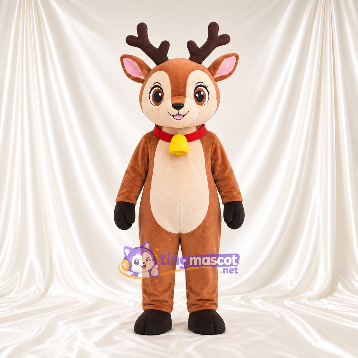 Brown Reindeer Mascot Costume - Bell Collar, Cream Belly and Brown Antlers Brown Reindeer Mascot Costume - Bell Collar, Cream Belly and Brown Antlers