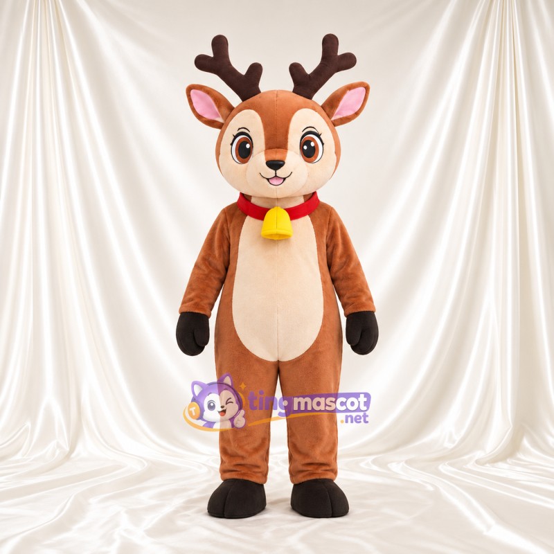 Brown Reindeer Mascot Costume - Bell Collar, Cream Belly and Brown Antlers Brown Reindeer Mascot Costume - Bell Collar, Cream Belly and Brown Antlers