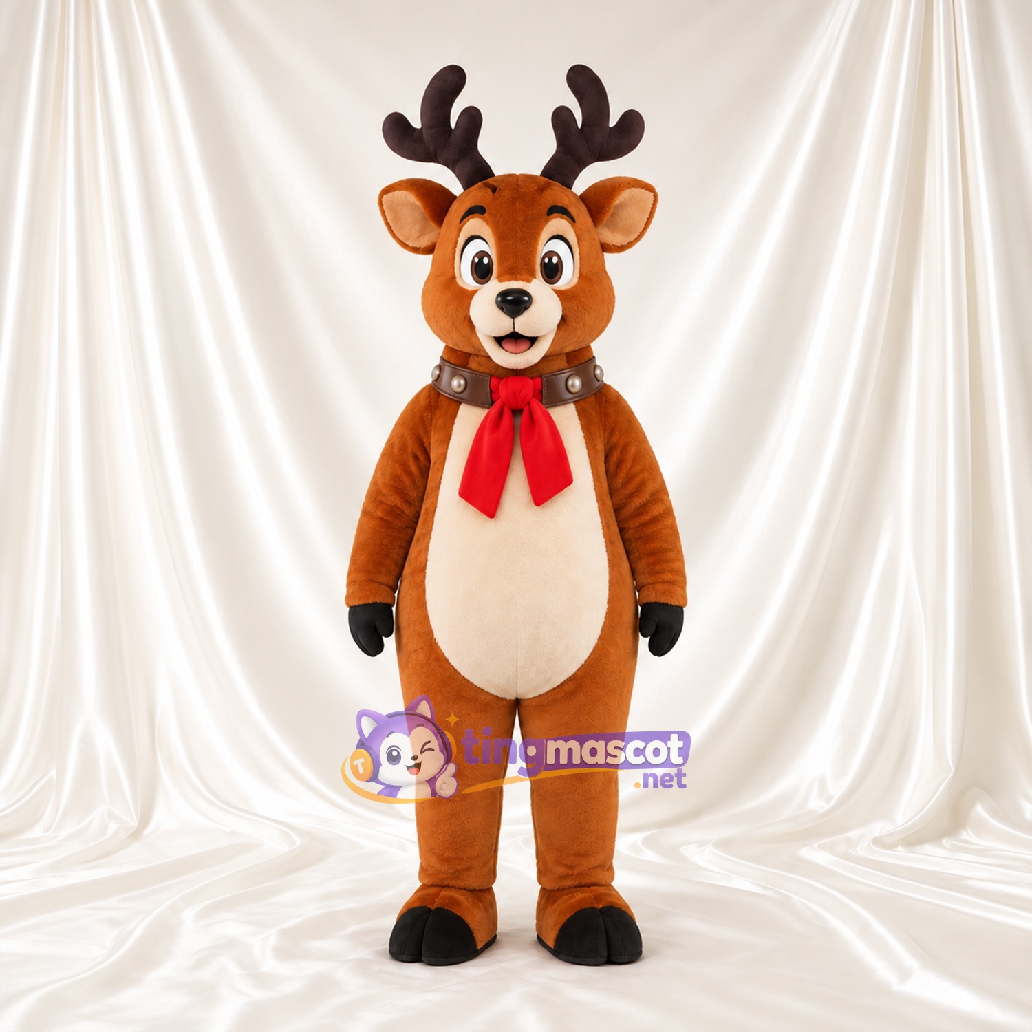 Brown Reindeer Mascot Costume - Bell Collar and Red Bow Brown Reindeer Mascot Costume - Bell Collar and Red Bow