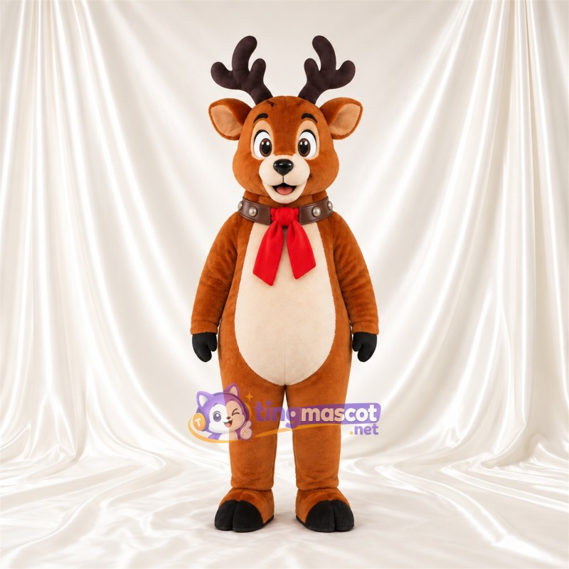 Brown Reindeer Mascot Costume - Bell Collar and Red Bow Brown Reindeer Mascot Costume - Bell Collar and Red Bow