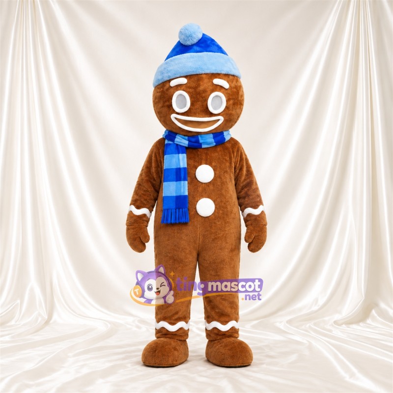 Brown Gingerbread Man Mascot Costume - Blue Hat and Scarf Brown Gingerbread Man Mascot Costume - Blue Hat and Scarf