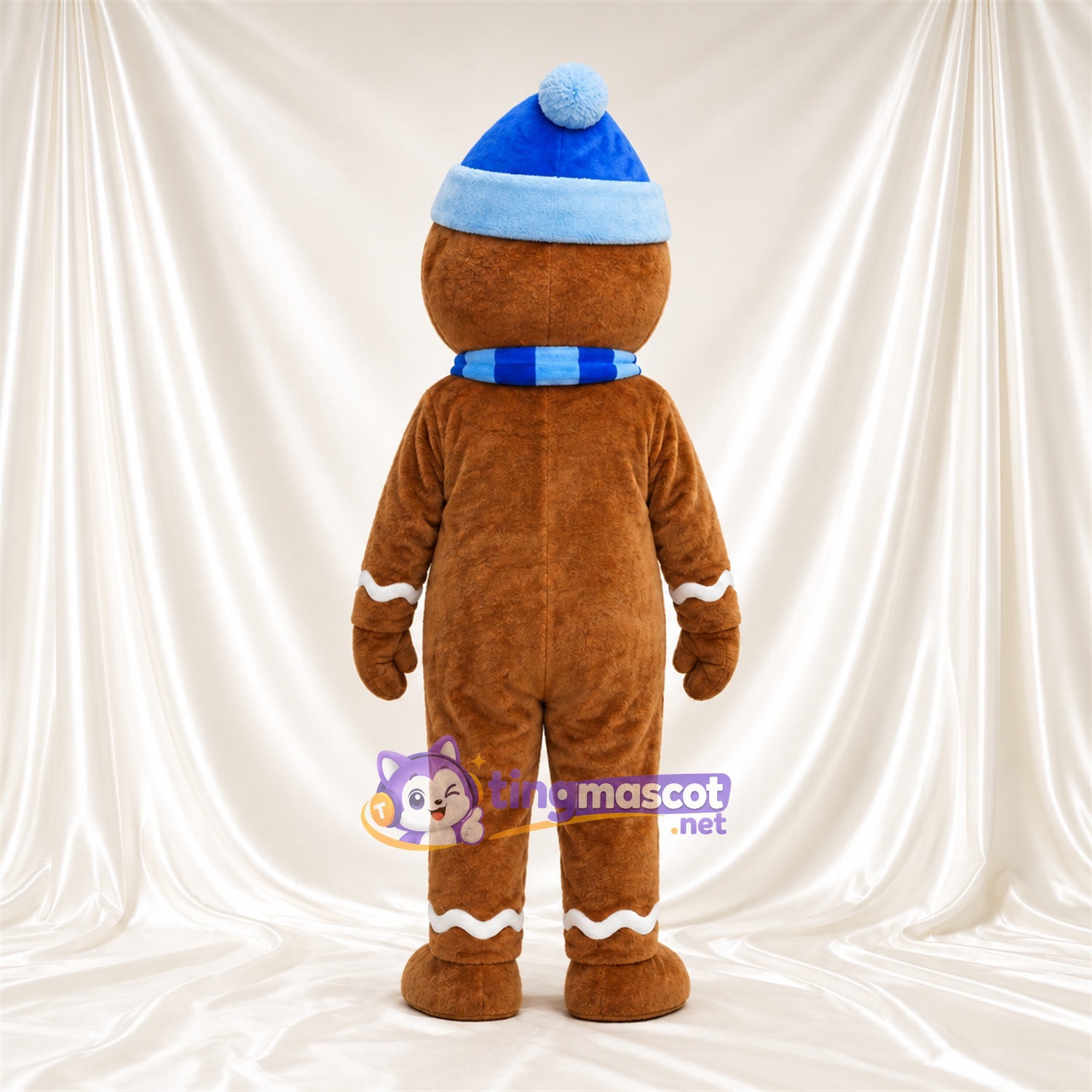 Brown Gingerbread Man Mascot Costume - Blue Hat and Scarf Brown Gingerbread Man Mascot Costume - Blue Hat and Scarf
