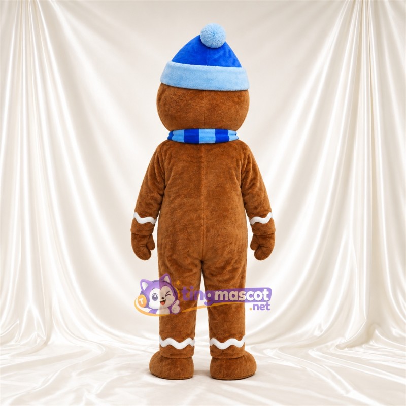 Brown Gingerbread Man Mascot Costume - Blue Hat and Scarf Brown Gingerbread Man Mascot Costume - Blue Hat and Scarf