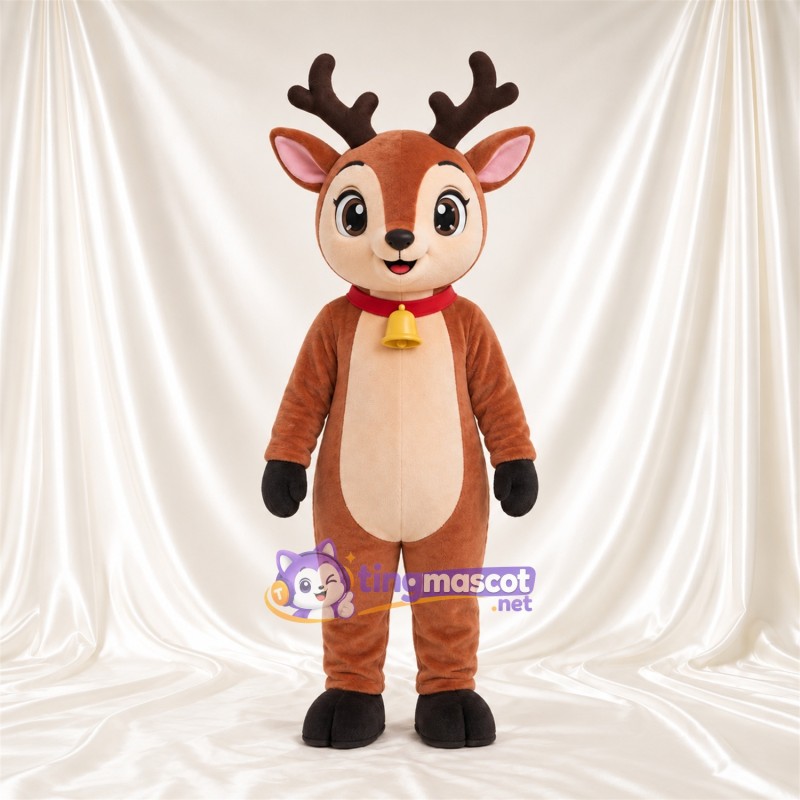 Brown Reindeer Mascot Costume - Bell Collar, Cream Belly and Brown Antlers Brown Reindeer Mascot Costume - Bell Collar, Cream Belly and Brown Antlers