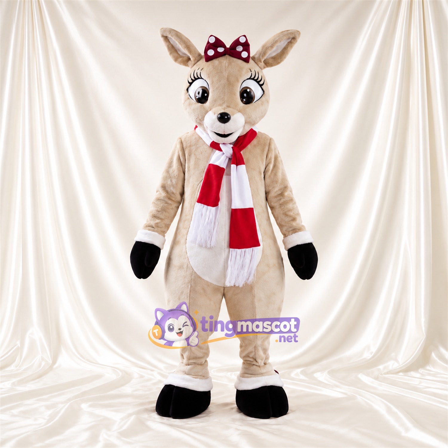 Costume de mascotte Renne – brun clair – Écharpe (rouge / blanc) Costume de mascotte Renne – brun clair – Écharpe (rouge / blanc)