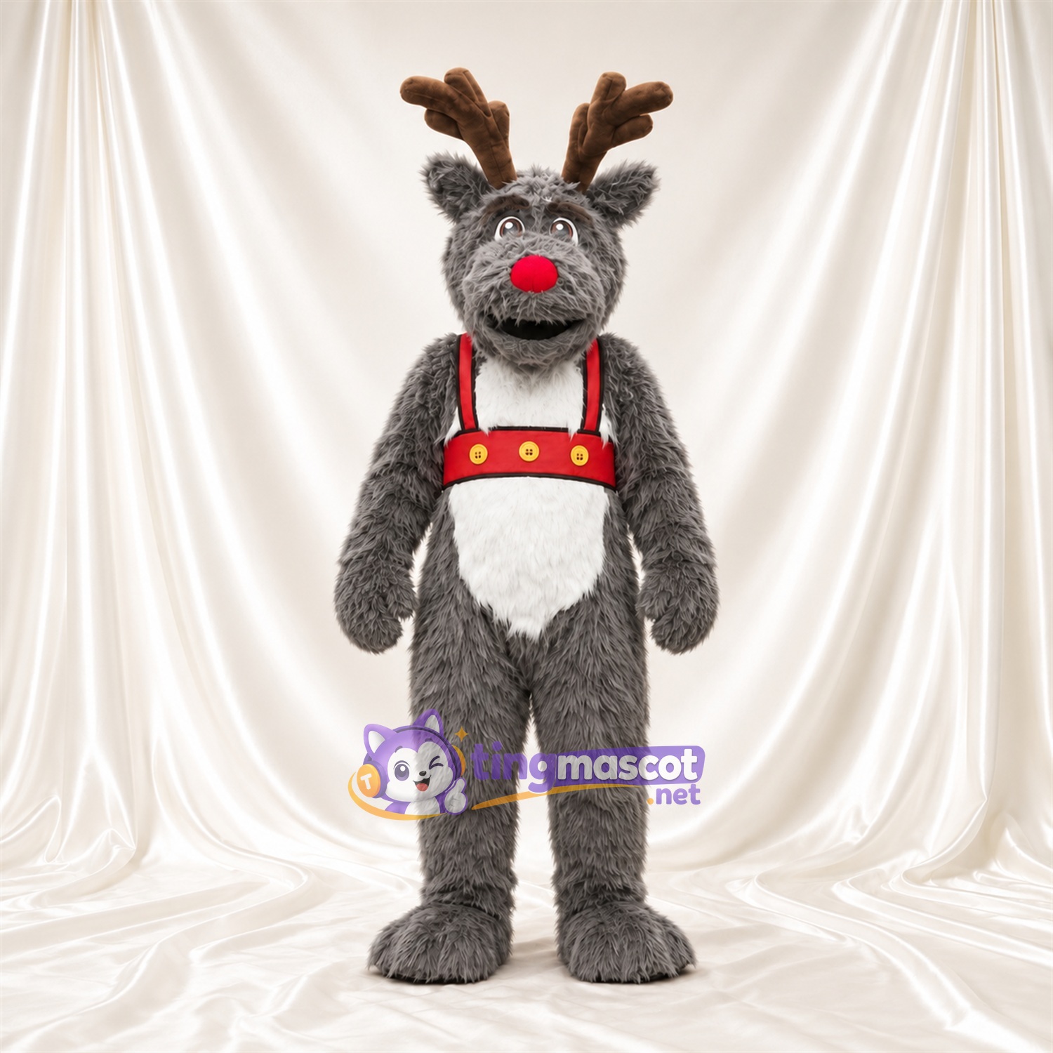 Costume de mascotte Renne – gris – Harnais (rouge) Costume de mascotte Renne – gris – Harnais (rouge)