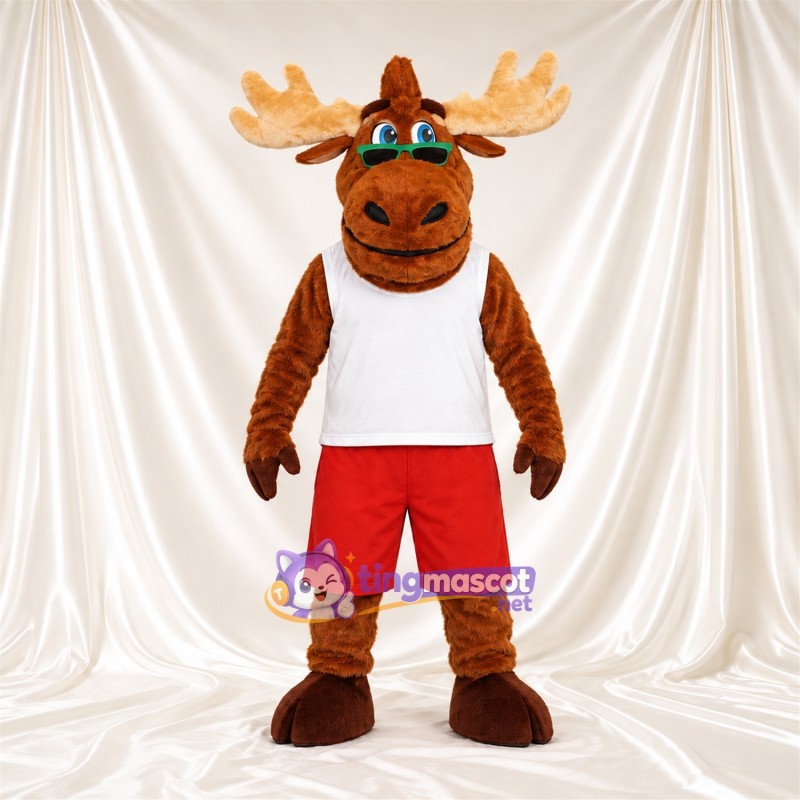 Maskottchenkostüm Elch – braun – Tanktop (weiß); Shorts (rot) Maskottchenkostüm Elch – braun – Tanktop (weiß); Shorts (rot)