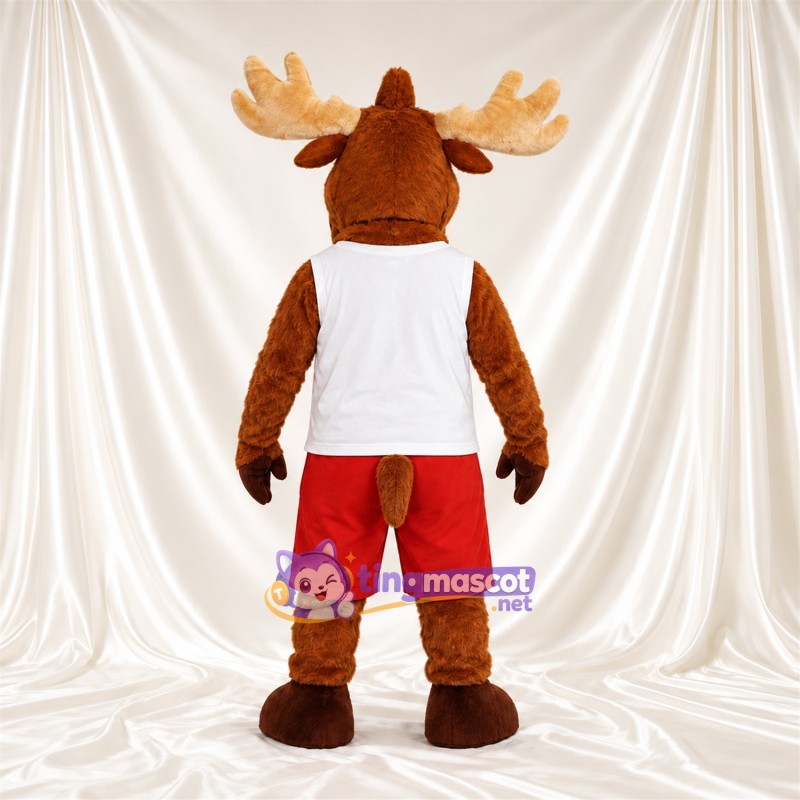 Maskottchenkostüm Elch – braun – Tanktop (weiß); Shorts (rot) Maskottchenkostüm Elch – braun – Tanktop (weiß); Shorts (rot)