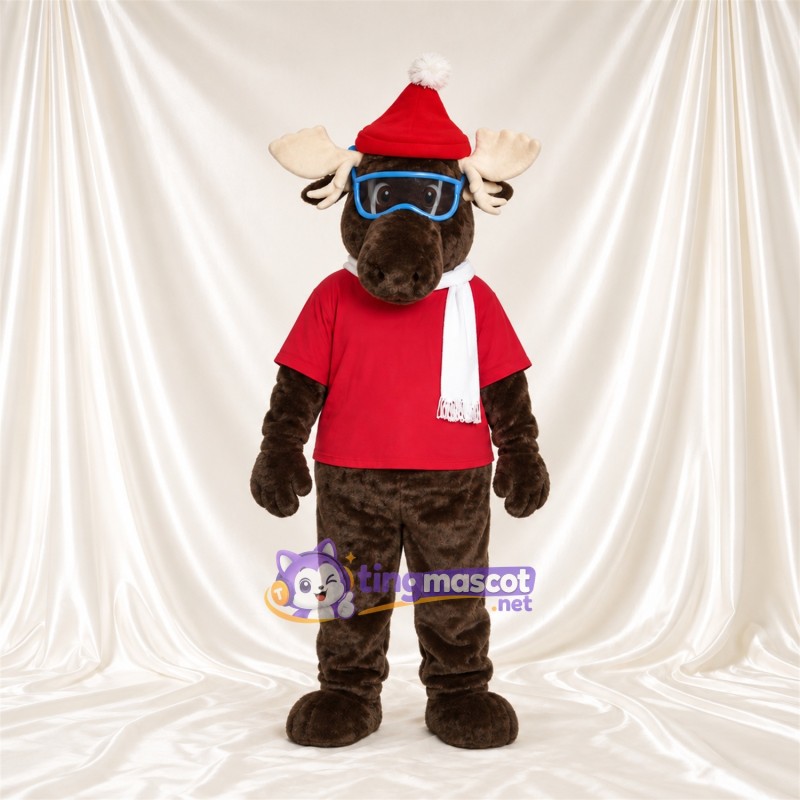 Brown Moose Mascot Costume - Red Shirt and Santa Hat Brown Moose Mascot Costume - Red Shirt and Santa Hat