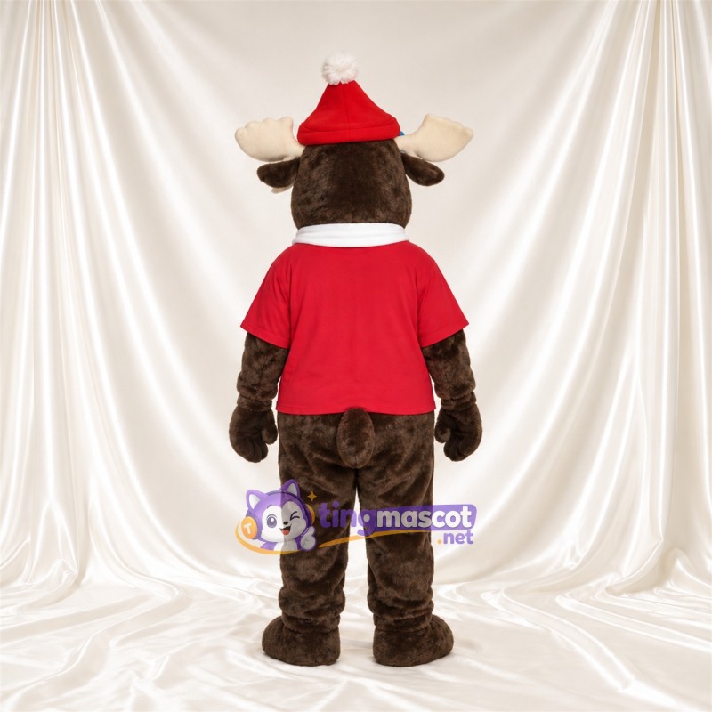 Brown Moose Mascot Costume - Red Shirt and Santa Hat Brown Moose Mascot Costume - Red Shirt and Santa Hat