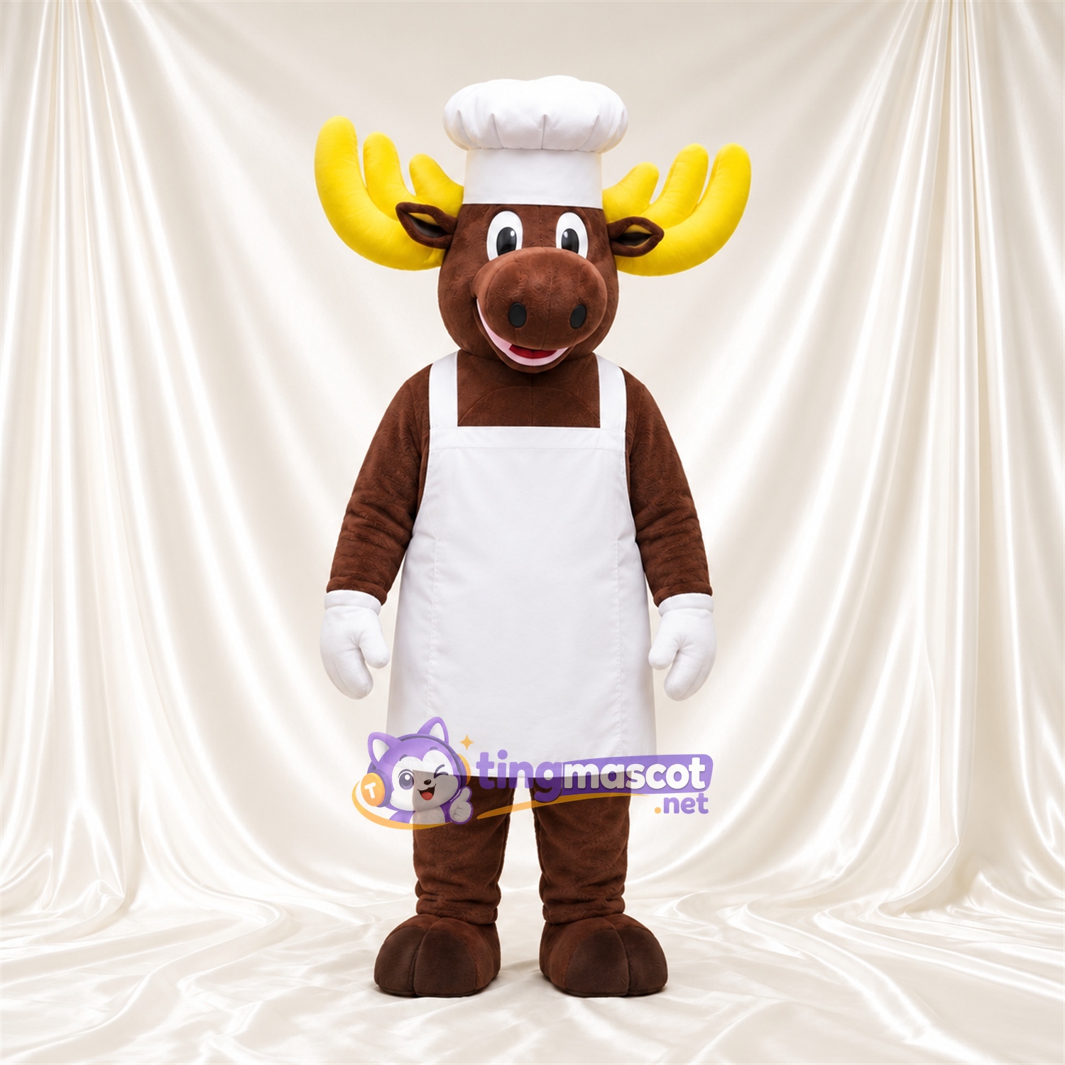 Costume de mascotte Élan – marron – Toque de chef; Tablier (blanc) Costume de mascotte Élan – marron – Toque de chef; Tablier (blanc)