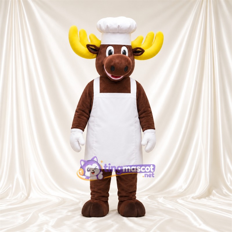 Costume de mascotte Élan – marron – Toque de chef; Tablier (blanc) Costume de mascotte Élan – marron – Toque de chef; Tablier (blanc)