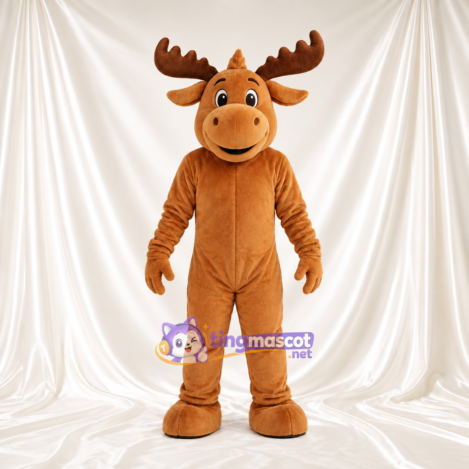 Maskottchenkostüm Elch – braun – Geweih (braun); Lächelndes Gesicht Maskottchenkostüm Elch – braun – Geweih (braun); Lächelndes Gesicht