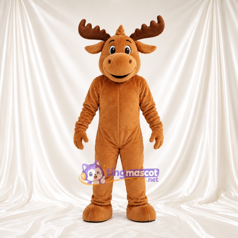 Maskottchenkostüm Elch – braun – Geweih (braun); Lächelndes Gesicht Maskottchenkostüm Elch – braun – Geweih (braun); Lächelndes Gesicht