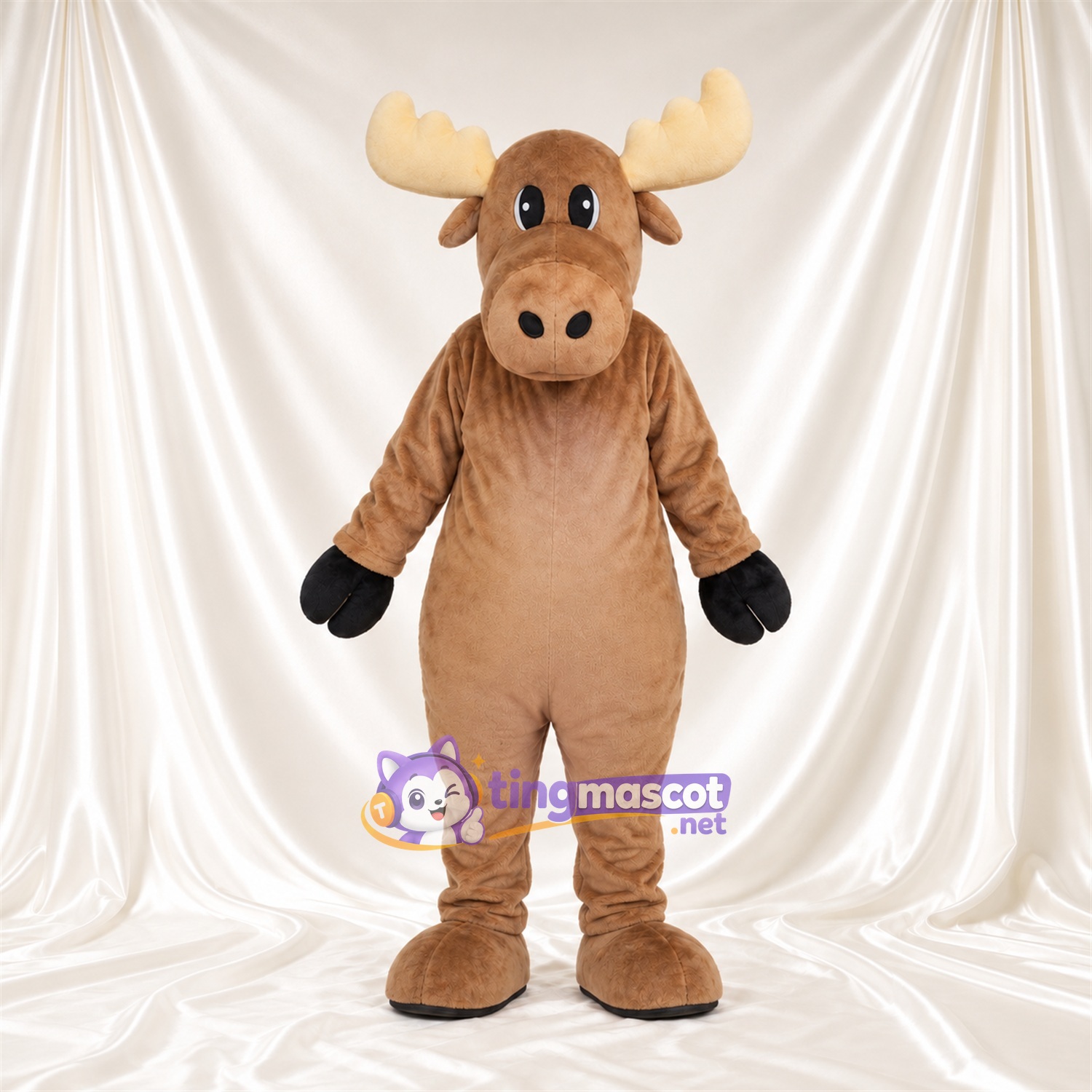 Costume de mascotte Élan – brun clair – Bois (crème); Gants (noir) Costume de mascotte Élan – brun clair – Bois (crème); Gants (noir)