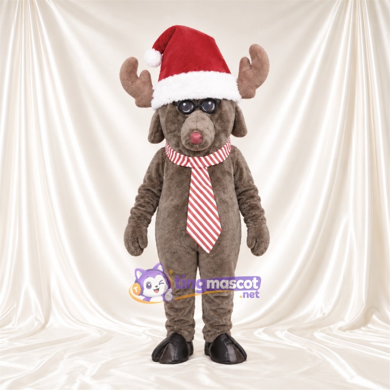 Costume de mascotte Élan – gris – Bonnet de Noël; Lunettes rondes Costume de mascotte Élan – gris – Bonnet de Noël; Lunettes rondes