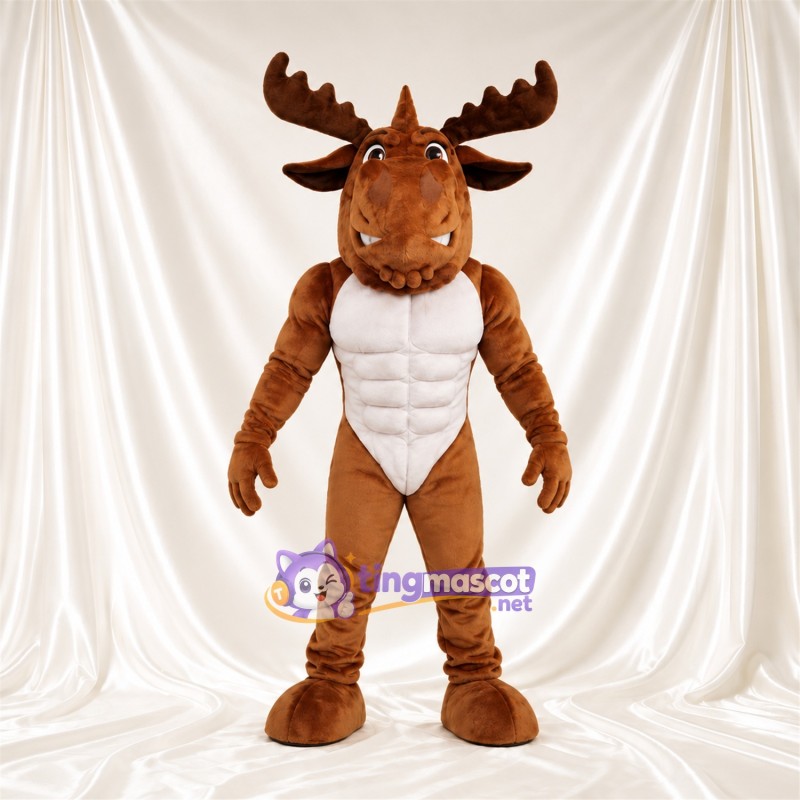 Maskottchenkostüm Elch – braun – Muskelbrust (weiß); Geweih (braun) Maskottchenkostüm Elch – braun – Muskelbrust (weiß); Geweih (braun)