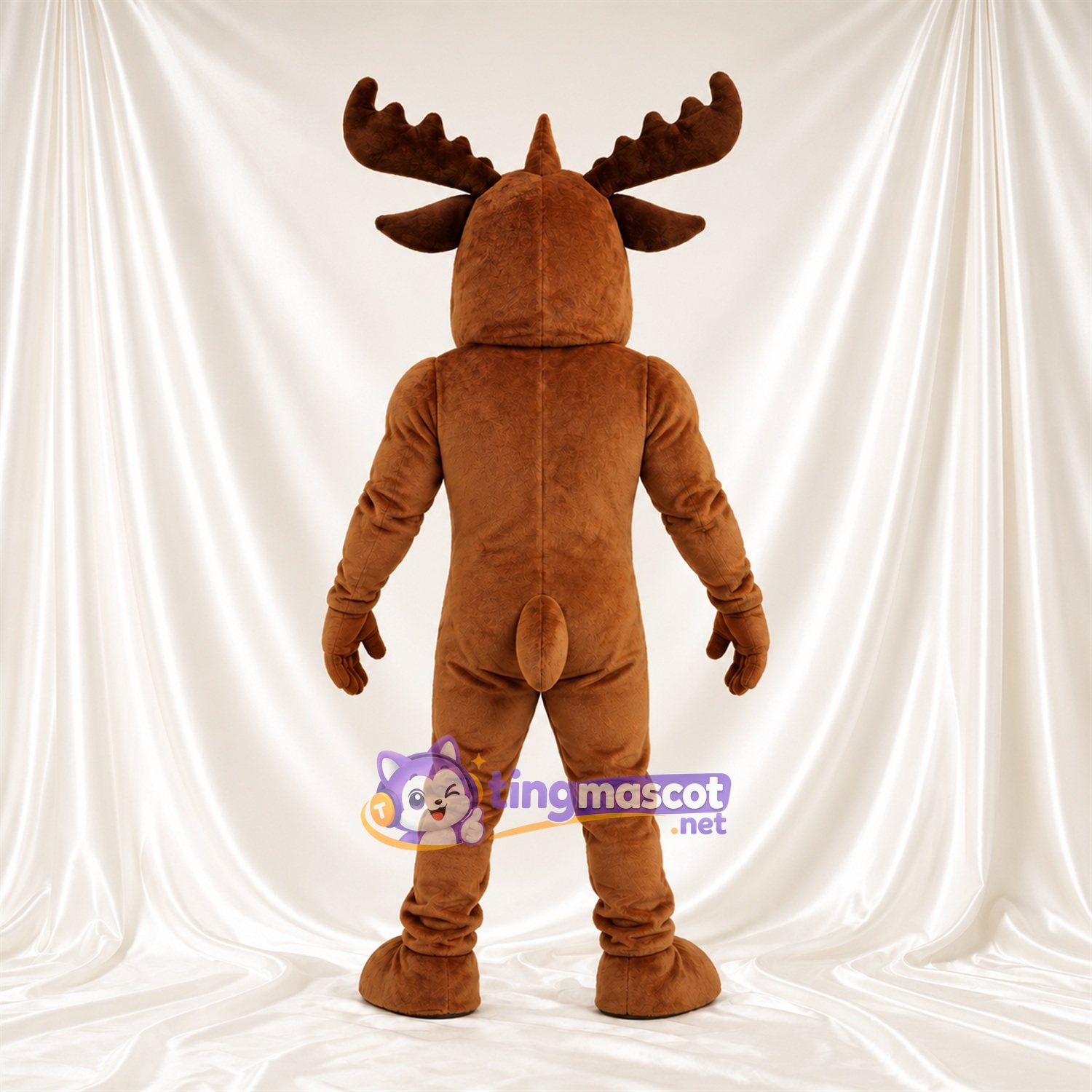 Maskottchenkostüm Elch – braun – Muskelbrust (weiß); Geweih (braun) Maskottchenkostüm Elch – braun – Muskelbrust (weiß); Geweih (braun)