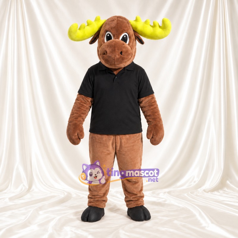 Maskottchenkostüm Elch – braun – Poloshirt (schwarz); Geweih (gelb) Maskottchenkostüm Elch – braun – Poloshirt (schwarz); Geweih (gelb)
