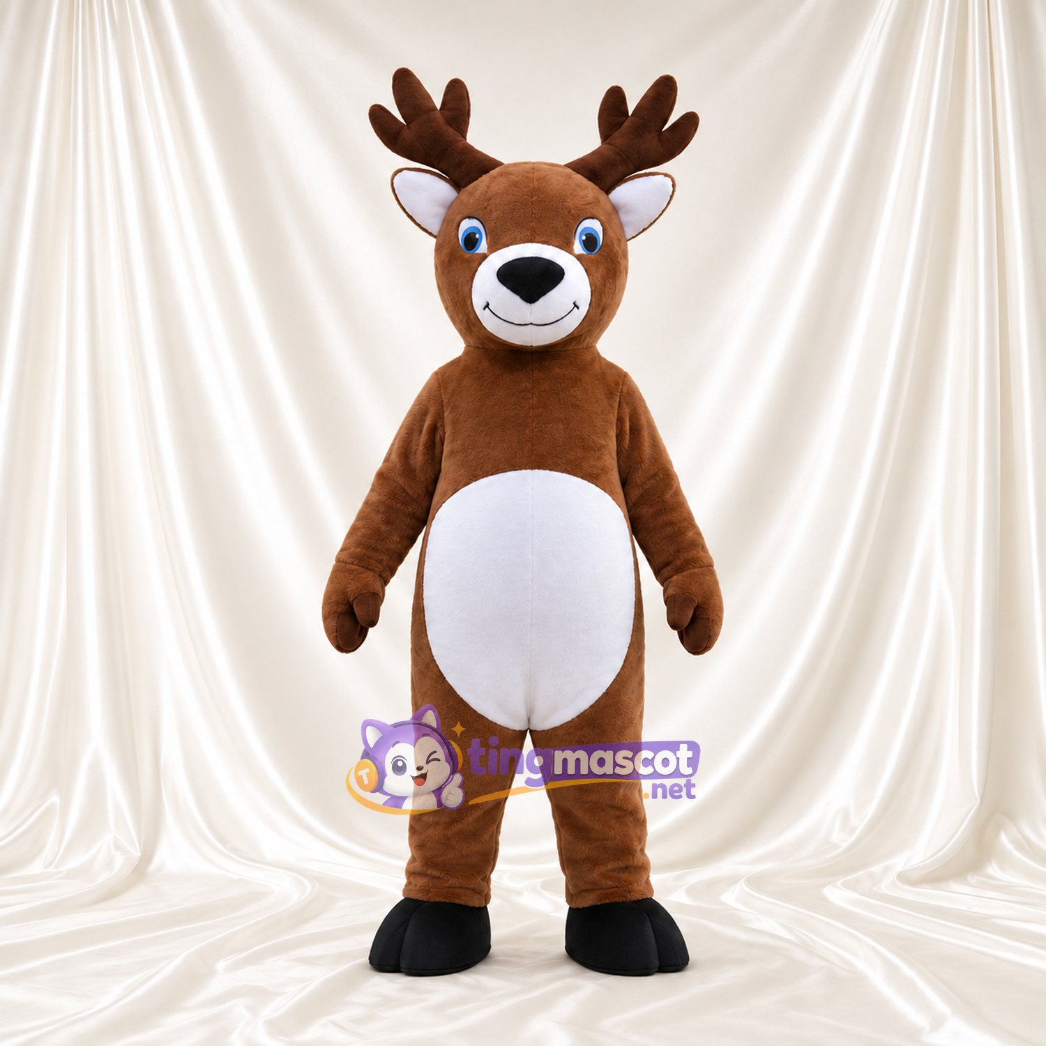 Costume de mascotte Cerf – marron – Ventre rond; Yeux (bleu) Costume de mascotte Cerf – marron – Ventre rond; Yeux (bleu)