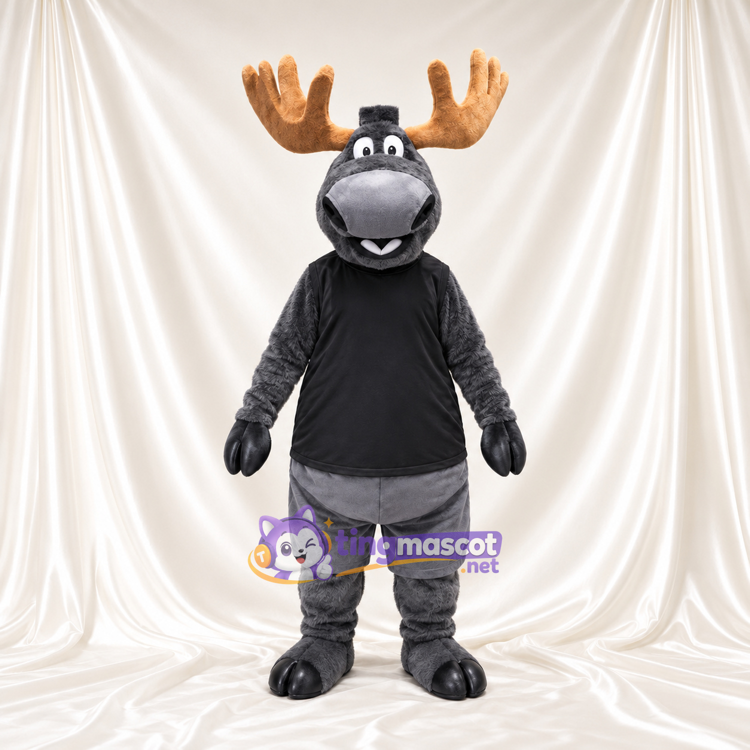 Costume de mascotte Élan – gris – Haut-de-forme (noir); Bois (brun clair) Costume de mascotte Élan – gris – Haut-de-forme (noir); Bois (brun clair)