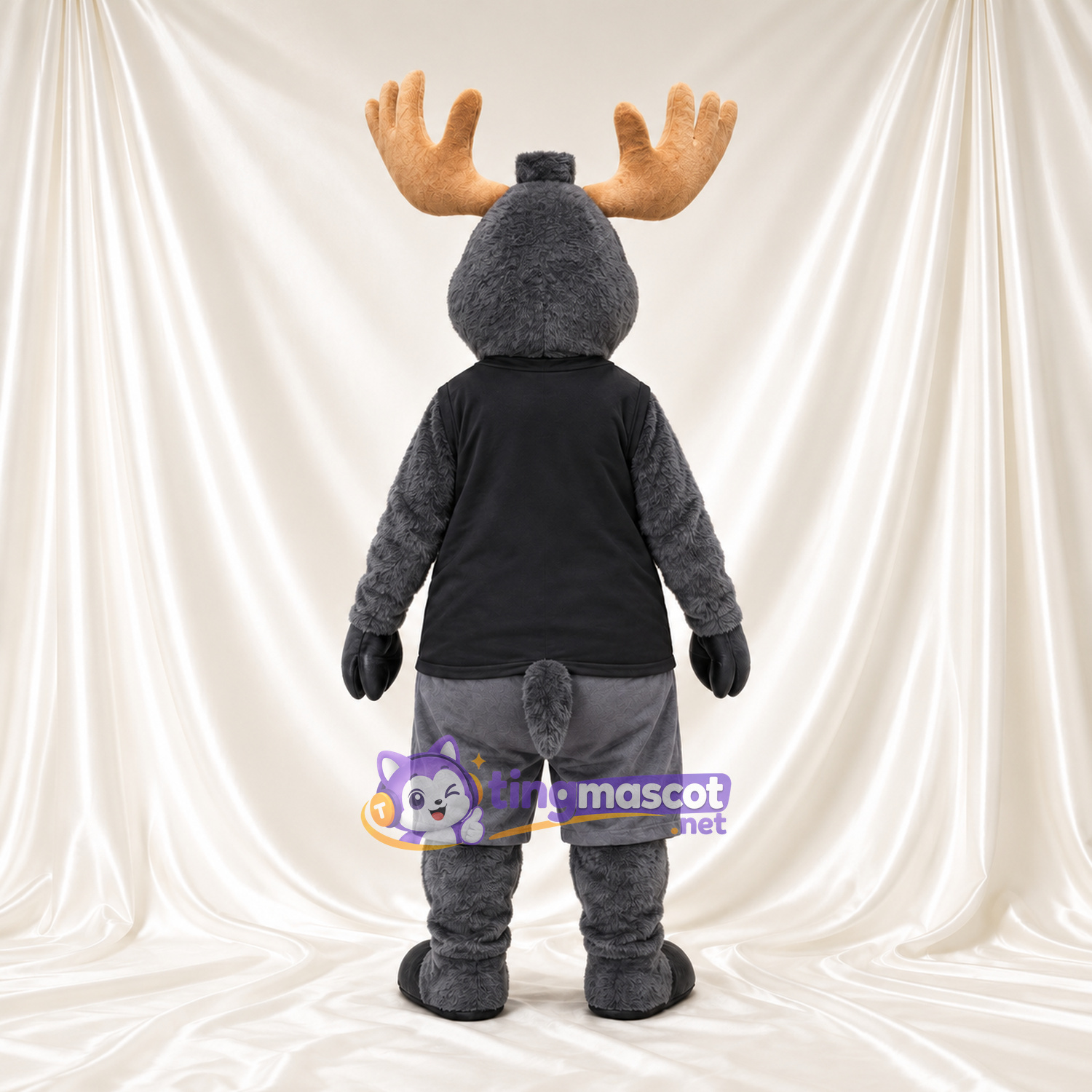 Costume de mascotte Élan – gris – Haut-de-forme (noir); Bois (brun clair) Costume de mascotte Élan – gris – Haut-de-forme (noir); Bois (brun clair)