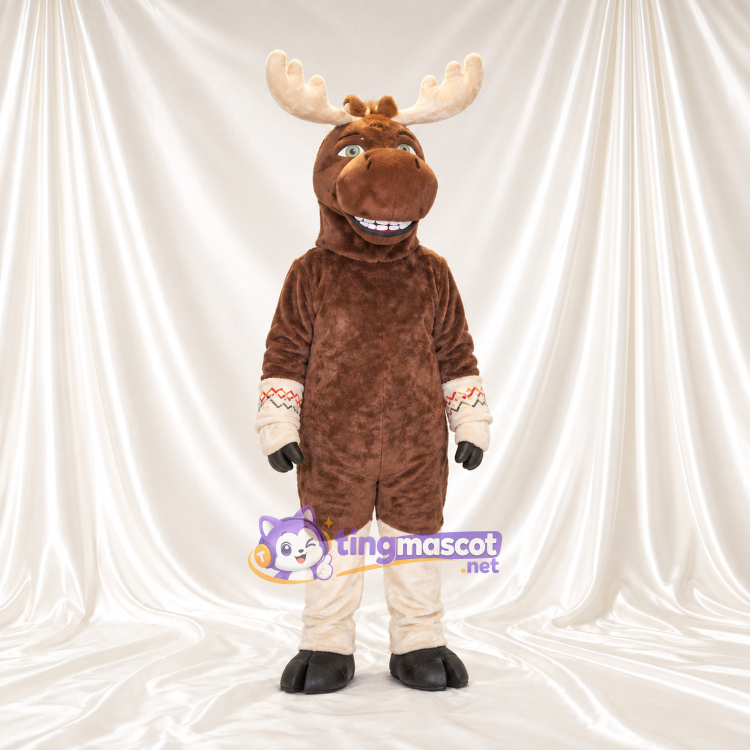 Costume de mascotte Élan – marron – Sourire avec dents; Bas des jambes (blanc) Costume de mascotte Élan – marron – Sourire avec dents; Bas des jambes (blanc)