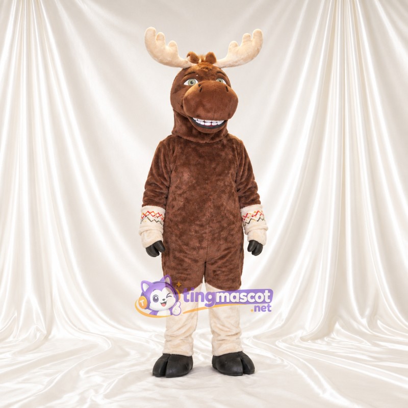 Costume de mascotte Élan – marron – Sourire avec dents; Bas des jambes (blanc) Costume de mascotte Élan – marron – Sourire avec dents; Bas des jambes (blanc)