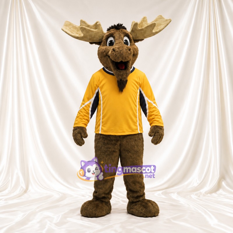 Brown Moose Mascot Costume - Yellow Sports Jersey Brown Moose Mascot Costume - Yellow Sports Jersey