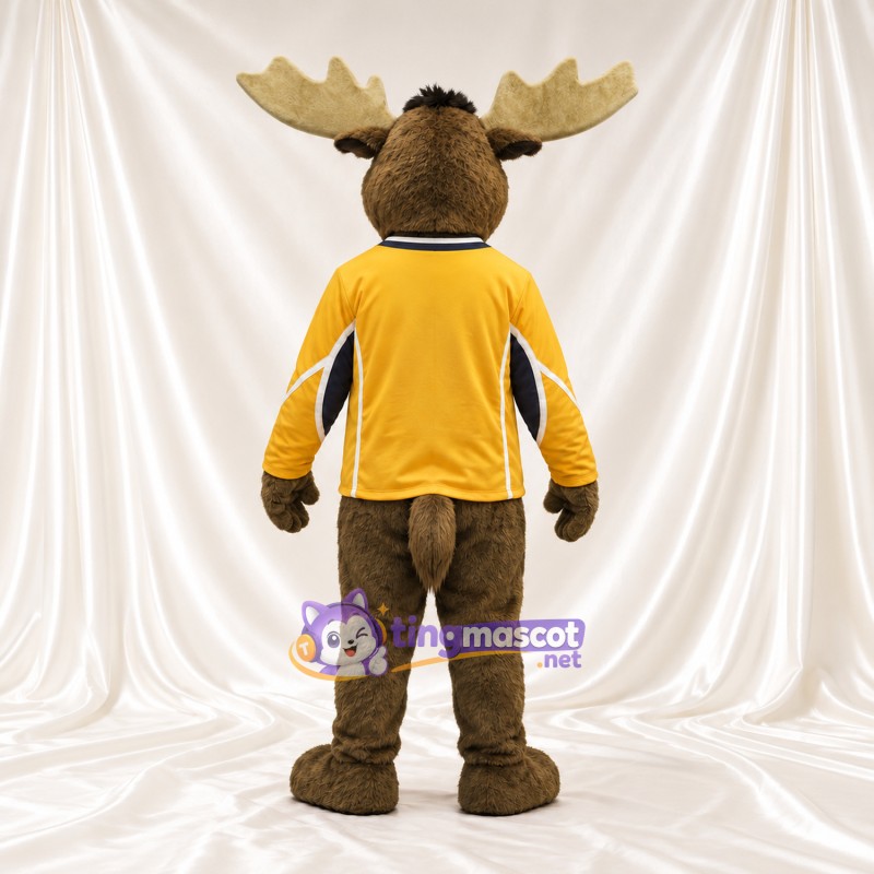 Brown Moose Mascot Costume - Yellow Sports Jersey Brown Moose Mascot Costume - Yellow Sports Jersey