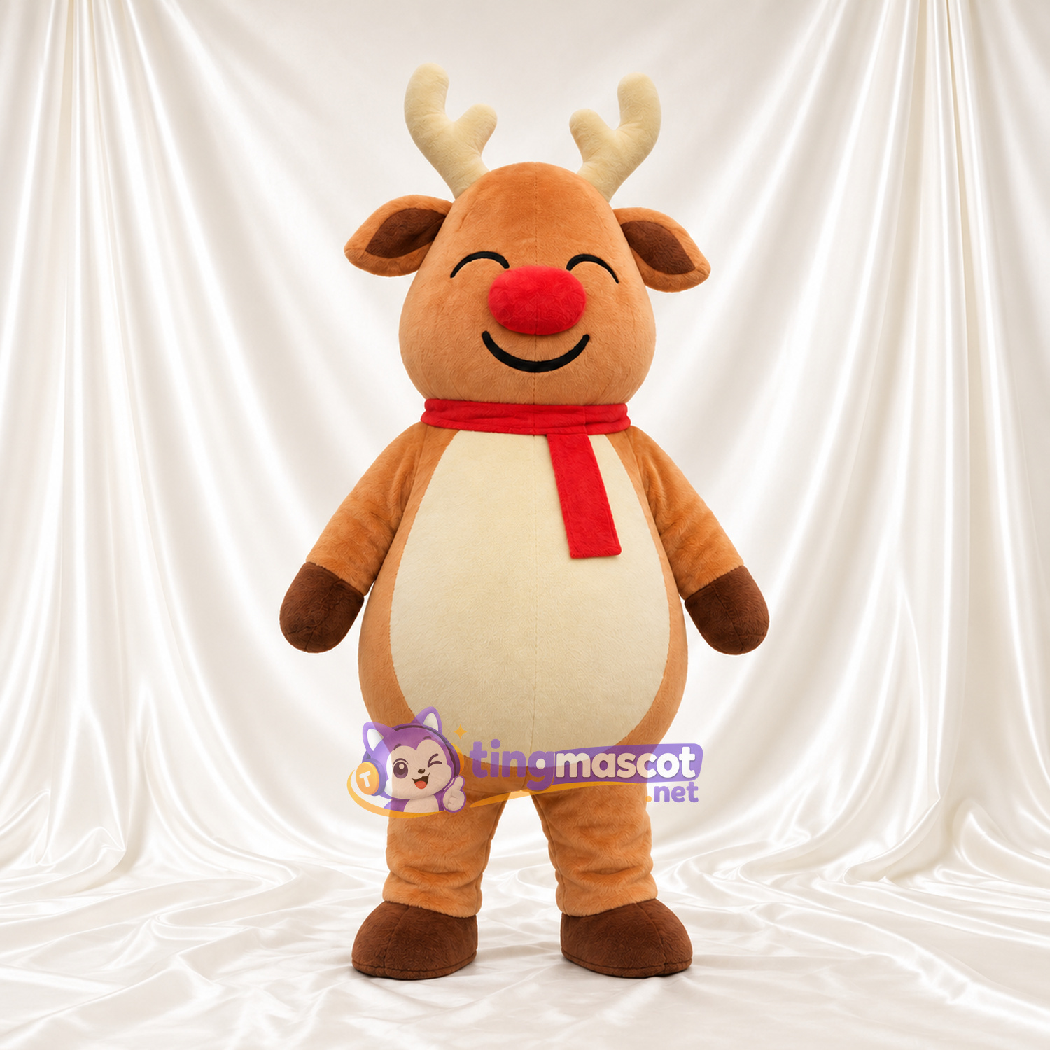 Costume de mascotte Renne – brun clair – Écharpe (rouge); Bois (crème) Costume de mascotte Renne – brun clair – Écharpe (rouge); Bois (crème)