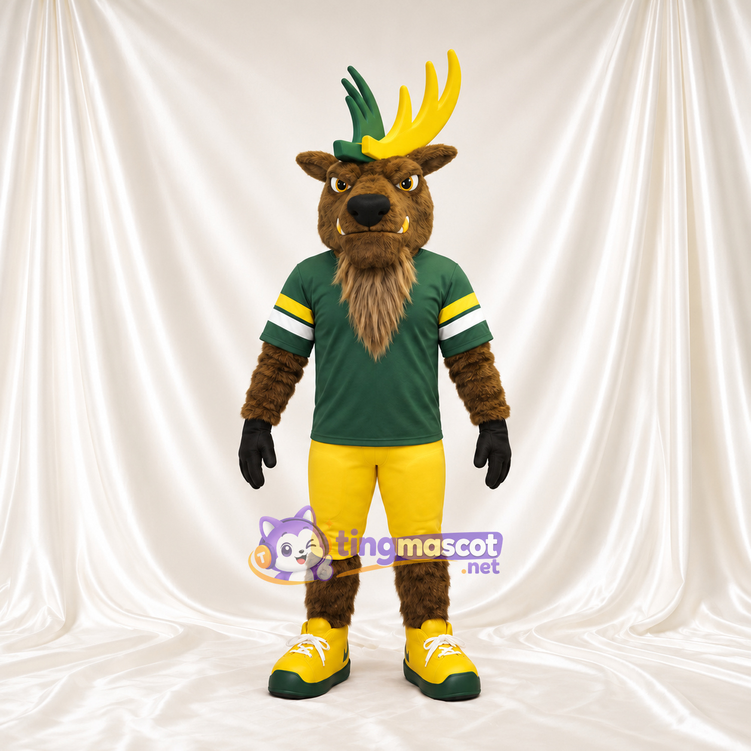Brown Moose Mascot Costume - Green Jersey and Yellow Shorts Brown Moose Mascot Costume - Green Jersey and Yellow Shorts