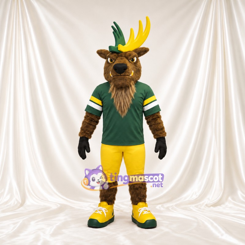 Brown Moose Mascot Costume - Green Jersey and Yellow Shorts Brown Moose Mascot Costume - Green Jersey and Yellow Shorts